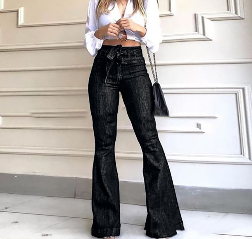 High Waist Tie Waistband Stretch Flare Denim Jeans