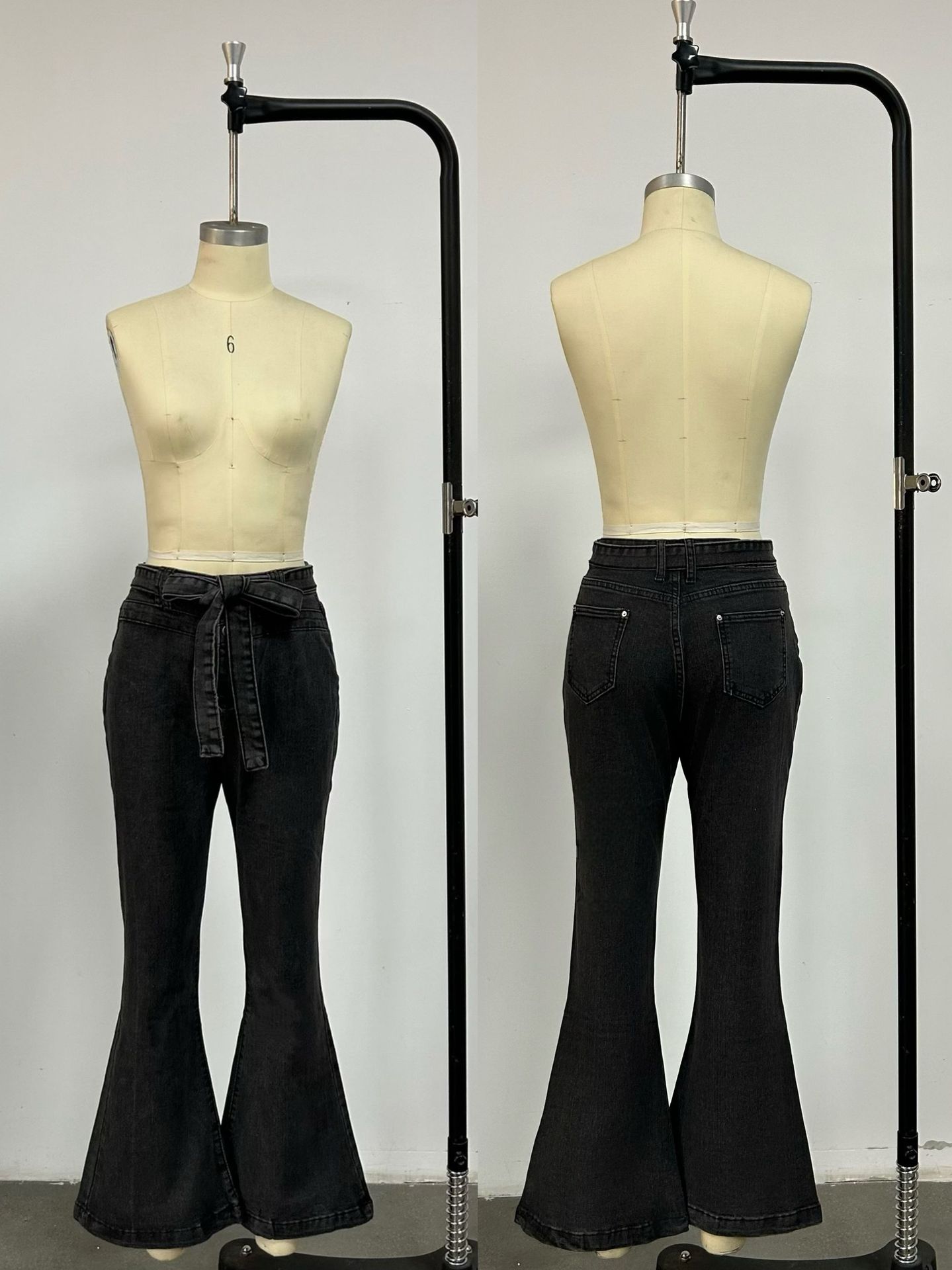 High Waist Tie Waistband Stretch Flare Denim Jeans - Image 5