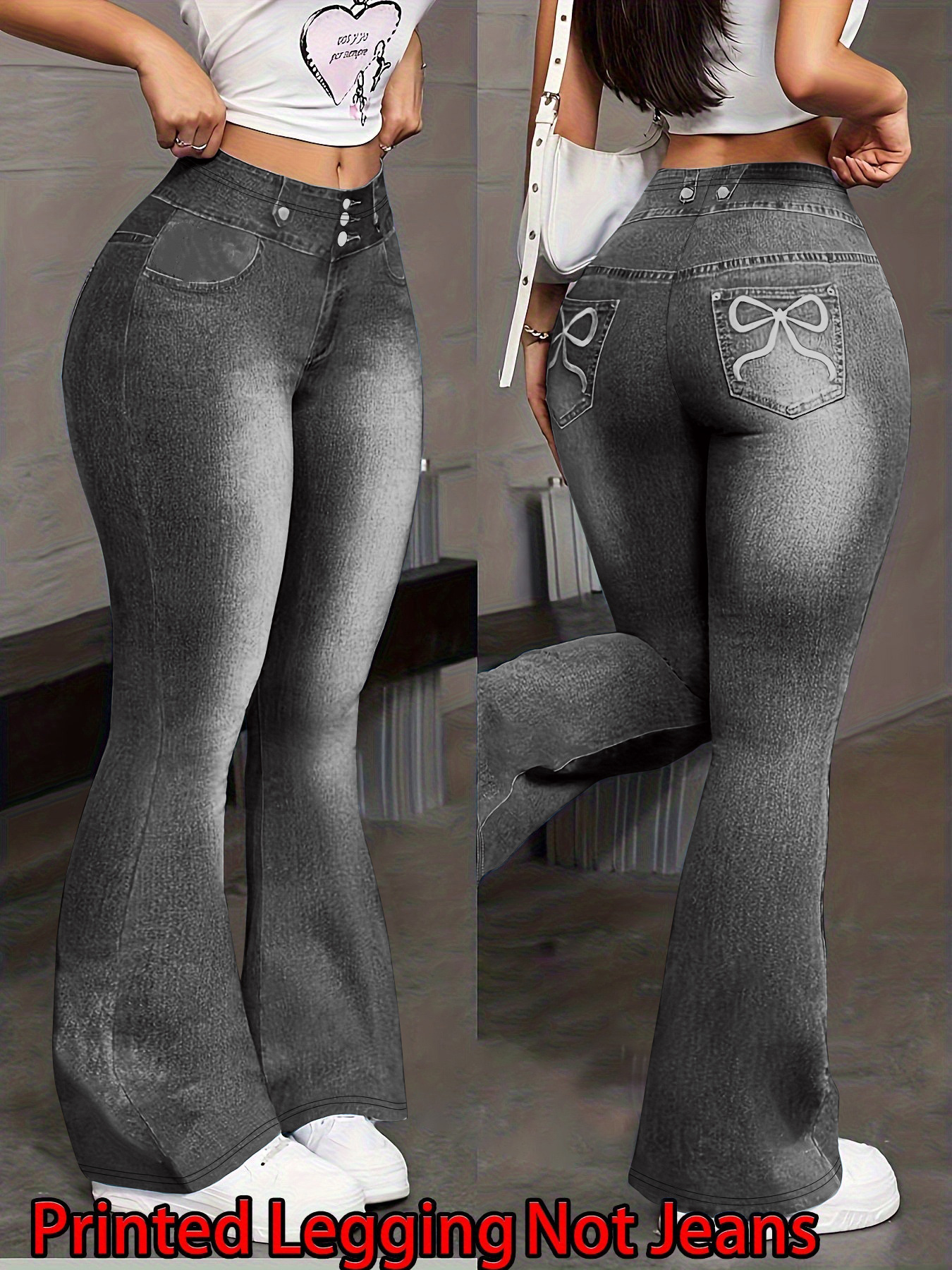 Women Denim Print Flare Leggings - Image 2