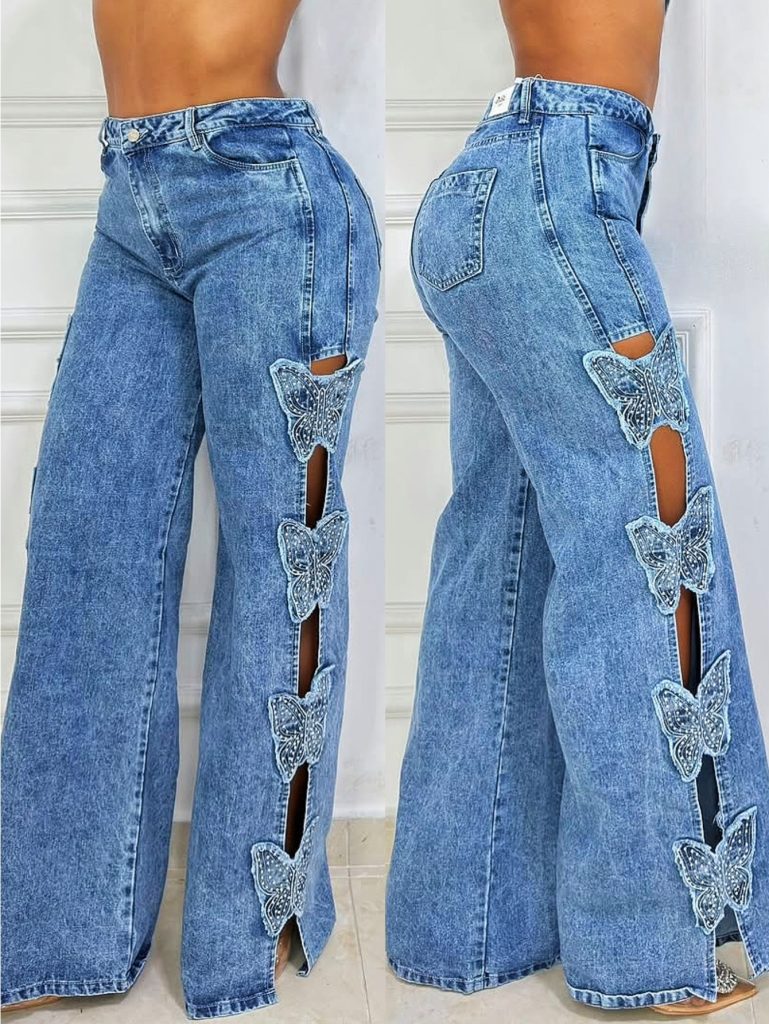 Butterfly Rhinestone Patchwork Cutout Flare Denim Pants