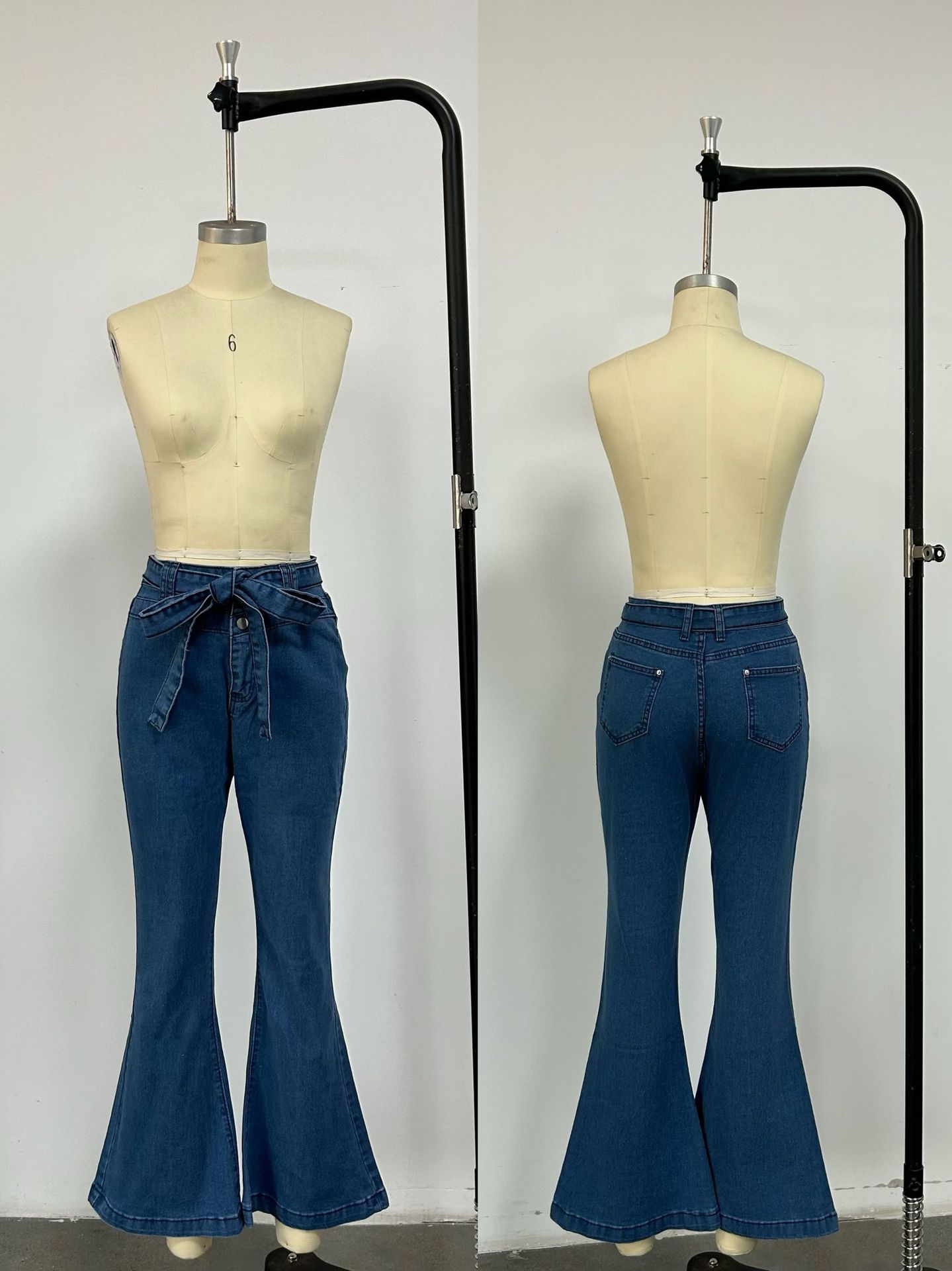 High Waist Tie Waistband Stretch Flare Denim Jeans - Image 4
