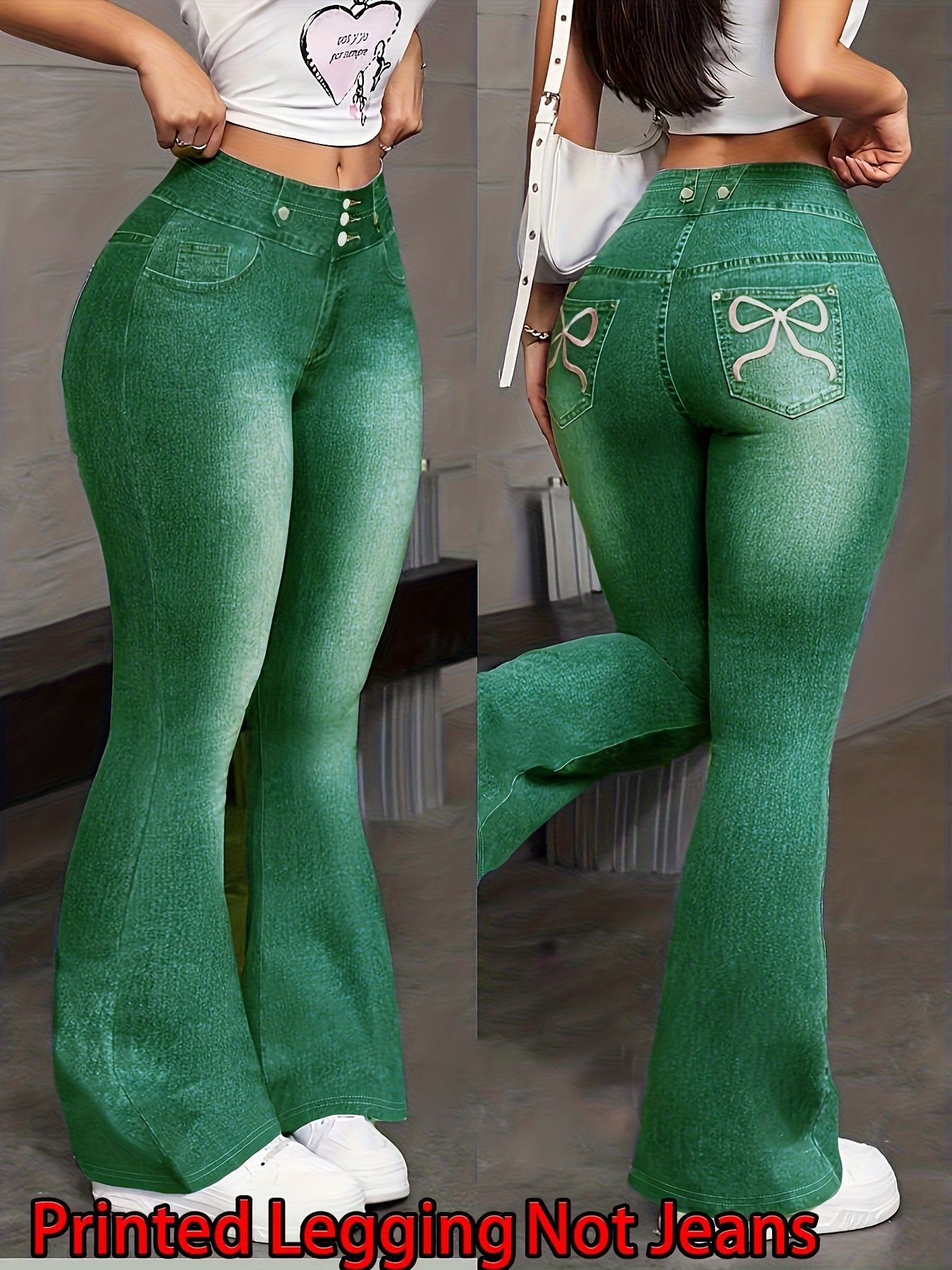 Women Denim Print Flare Leggings - Image 3