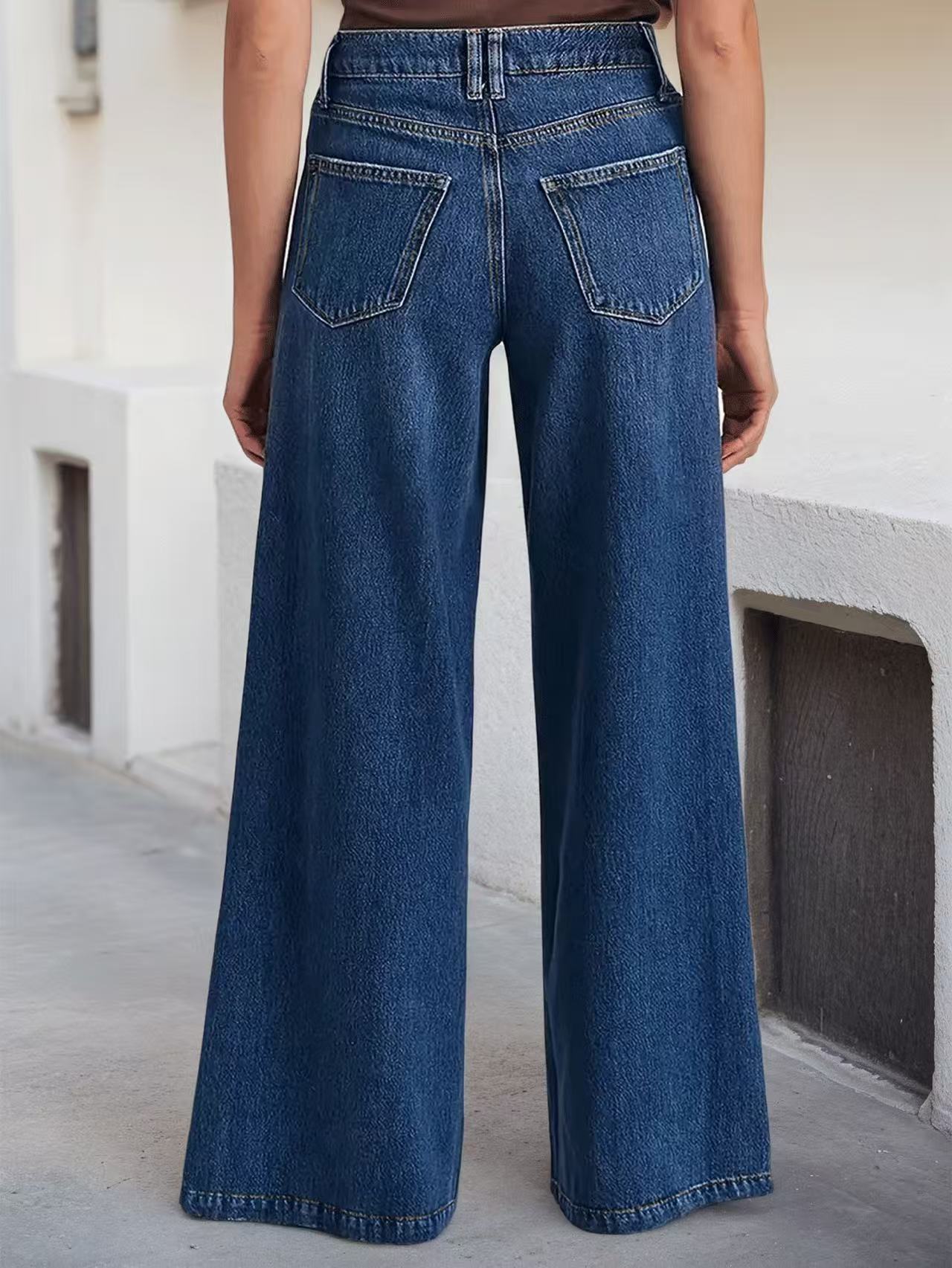 High Waist Panel Stitch Multi Pocket Wide Leg Denim Jeans - Image 4