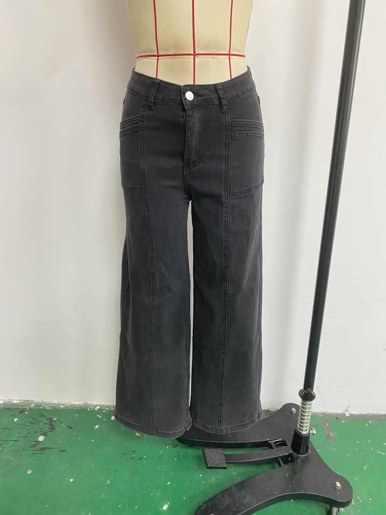 High Waist Panel Stitch Multi Pocket Wide Leg Denim Jeans - Image 6