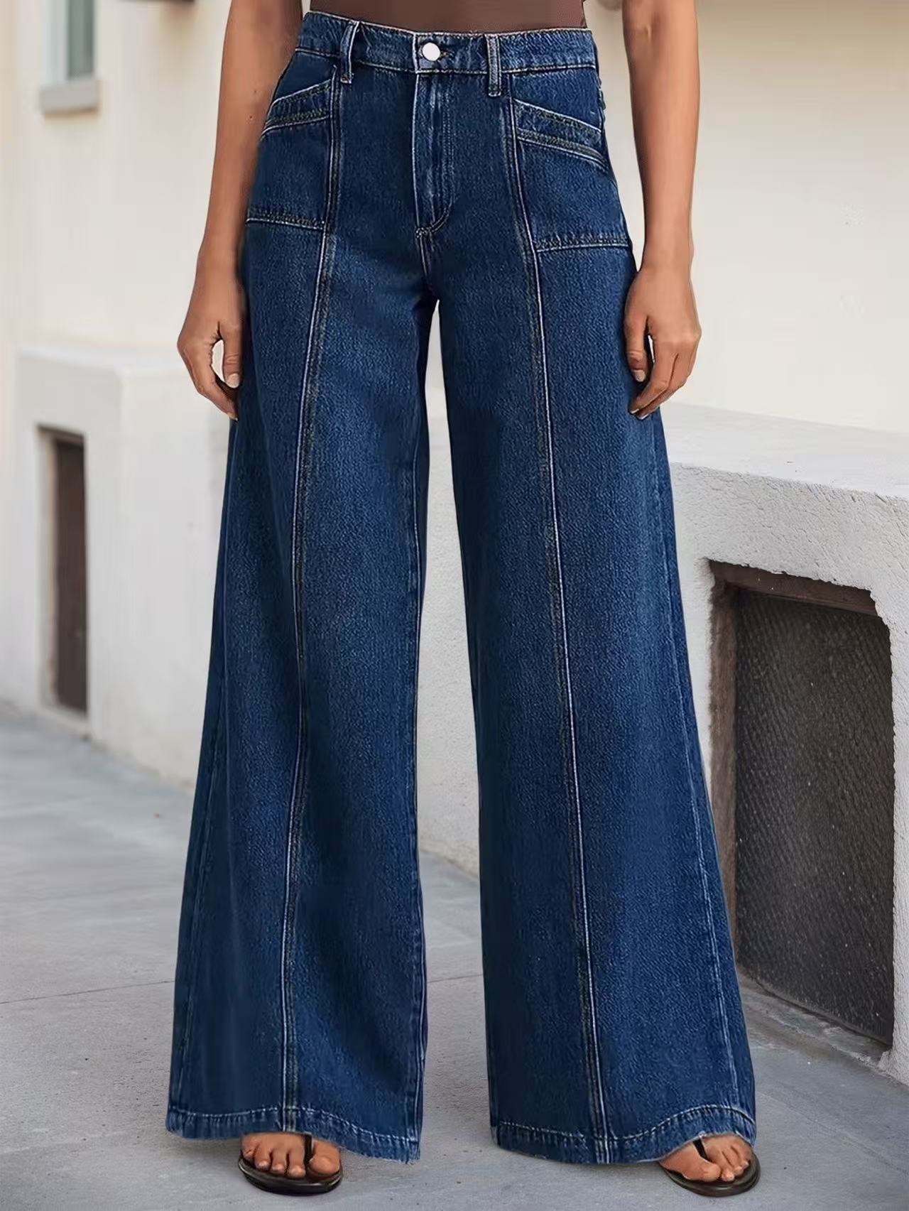 High Waist Panel Stitch Multi Pocket Wide Leg Denim Jeans - Image 5