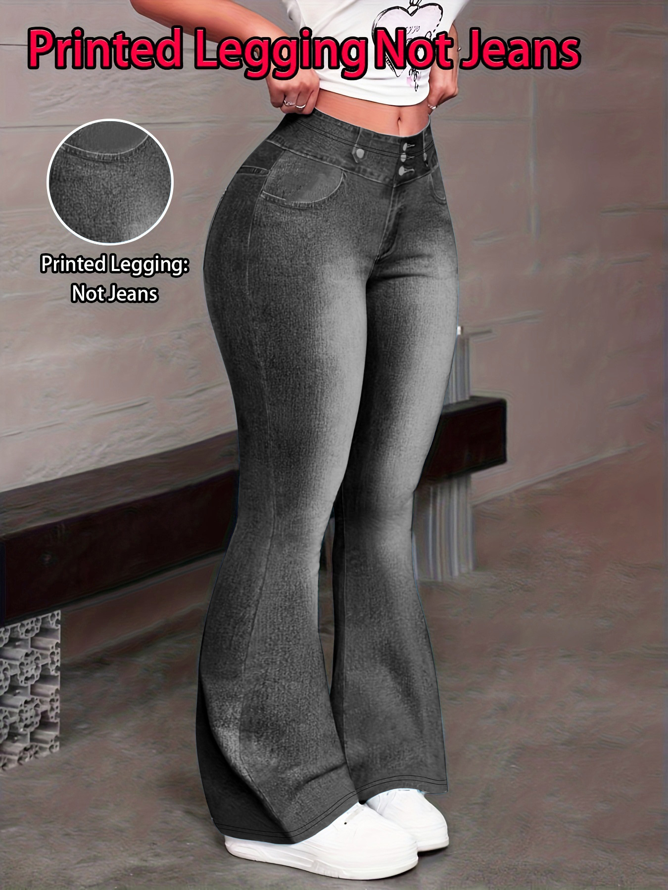 Women Denim Print Flare Leggings - Image 4