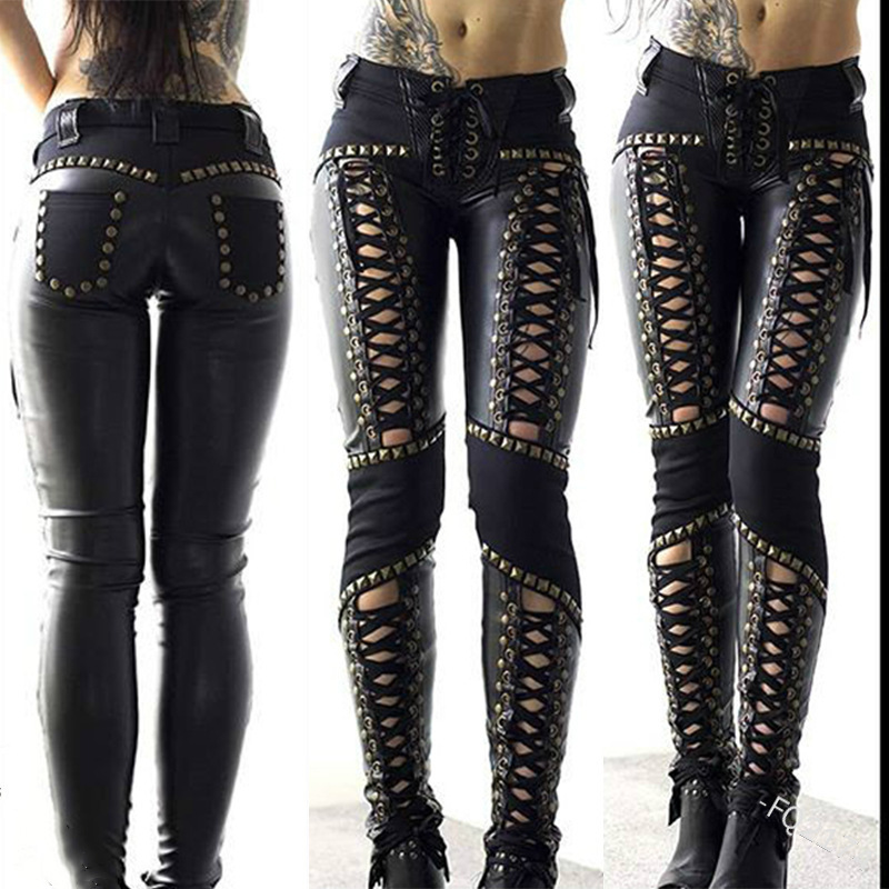 Women Punk Rivet Lace‑Up Faux Leather Skinny Pants