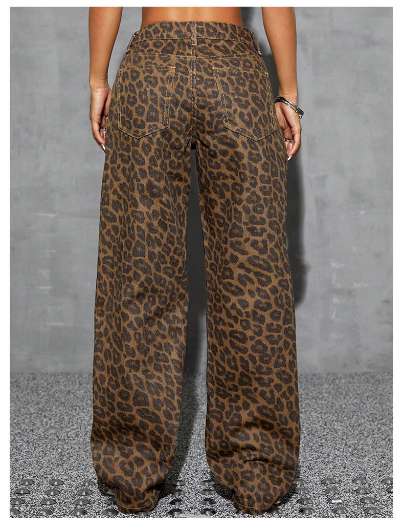 Low Waist Leopard Print Straight Wide Leg Denim Jeans - Image 4