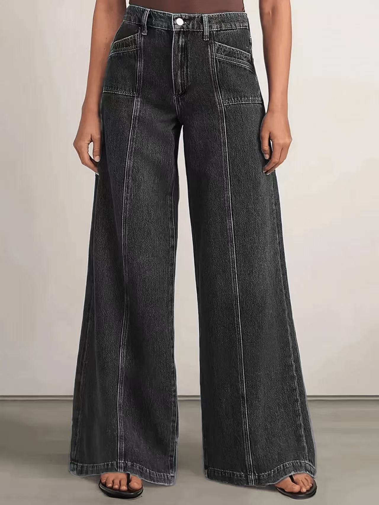 High Waist Panel Stitch Multi Pocket Wide Leg Denim Jeans