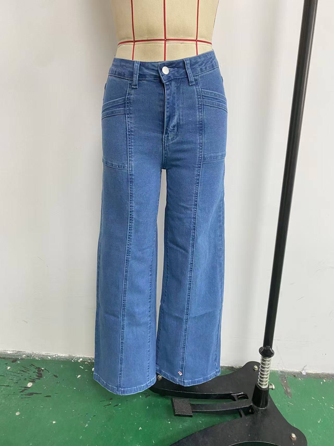 High Waist Panel Stitch Multi Pocket Wide Leg Denim Jeans - Image 3