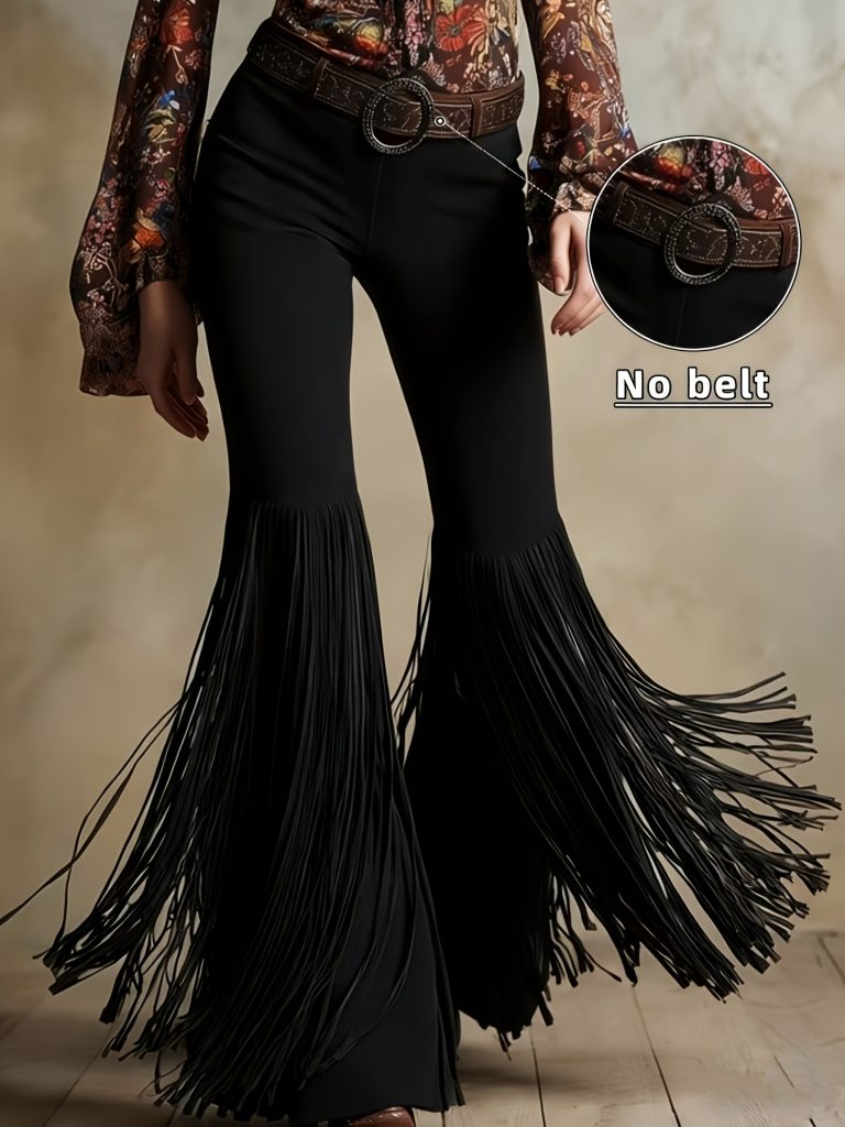 High Waist Fringe Flare Pants, No Belt