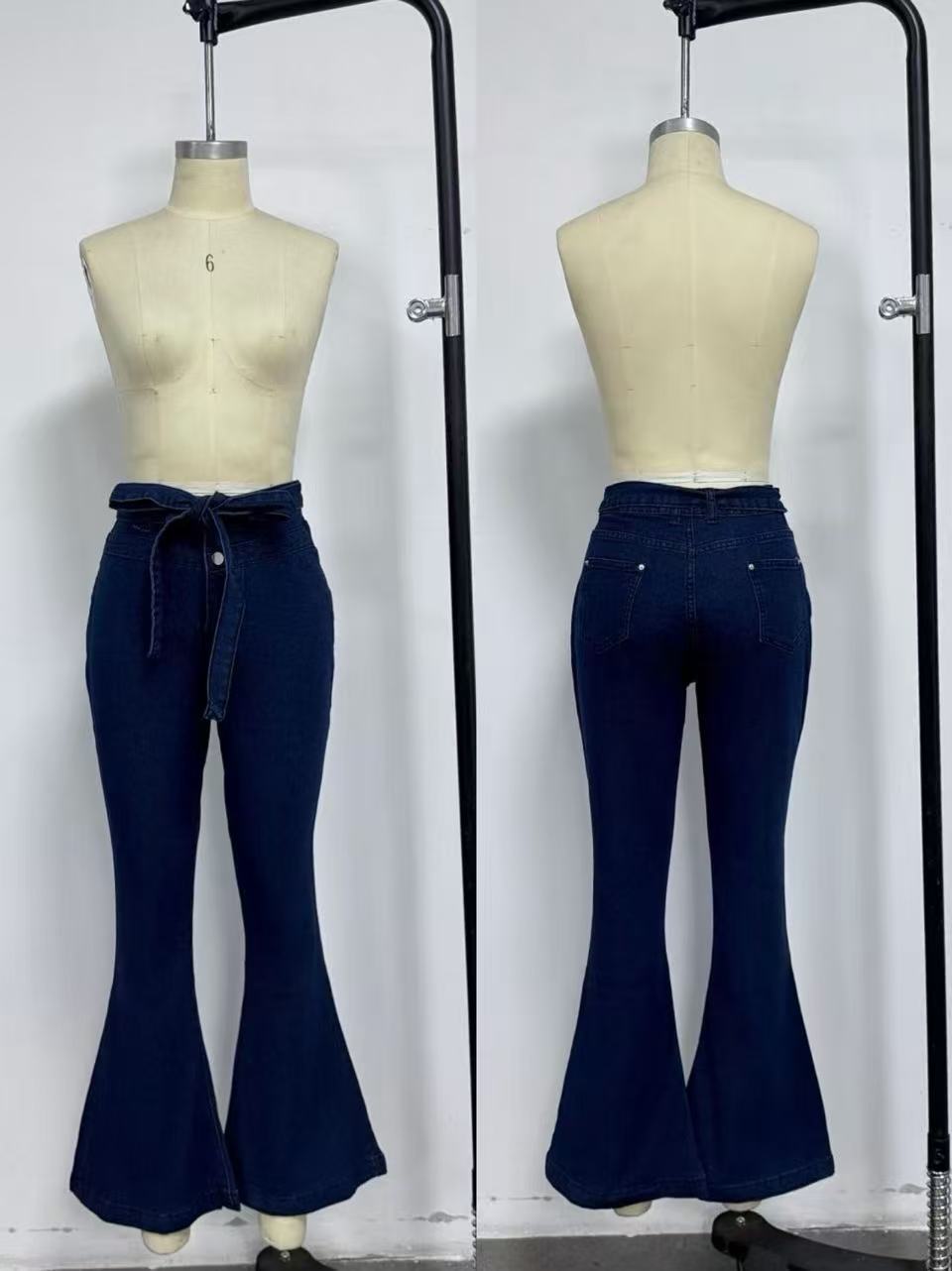 High Waist Tie Waistband Stretch Flare Denim Jeans - Image 3