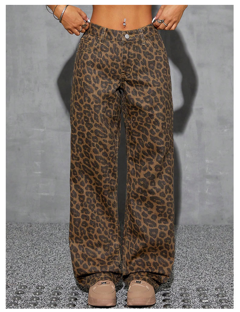 Low Waist Leopard Print Straight Wide Leg Denim Jeans - Image 3