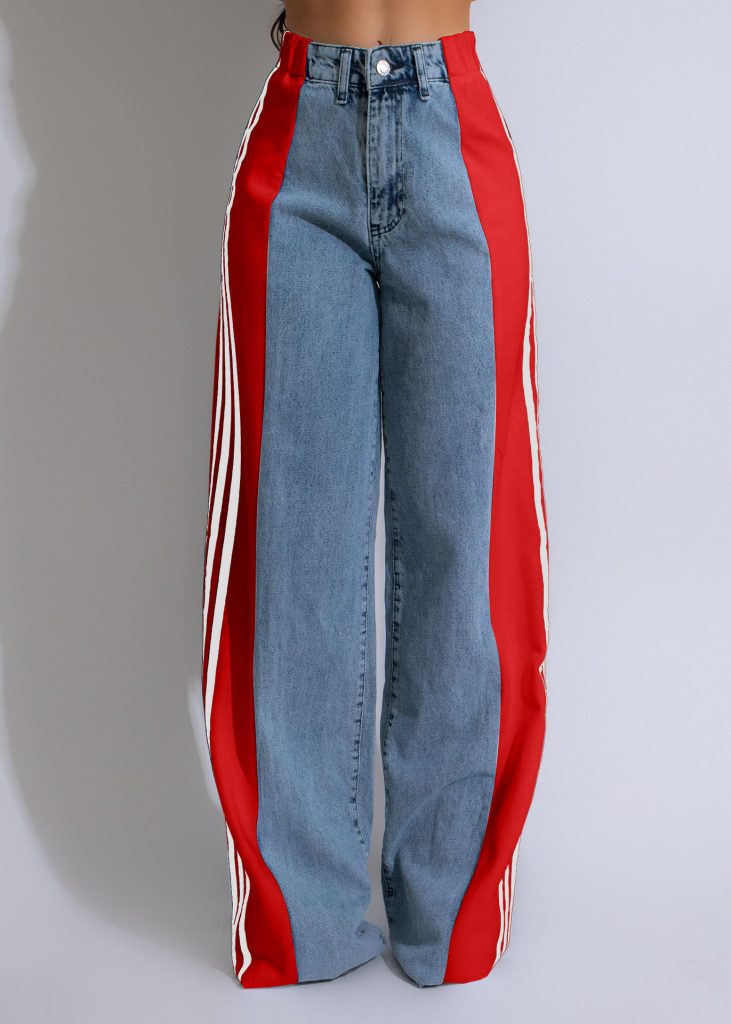 Patchwork Side 3-Striped Wide Leg Denim Pants