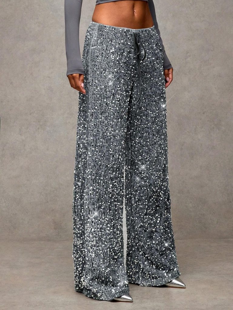 Drawstring Sequin Wide Leg Pants