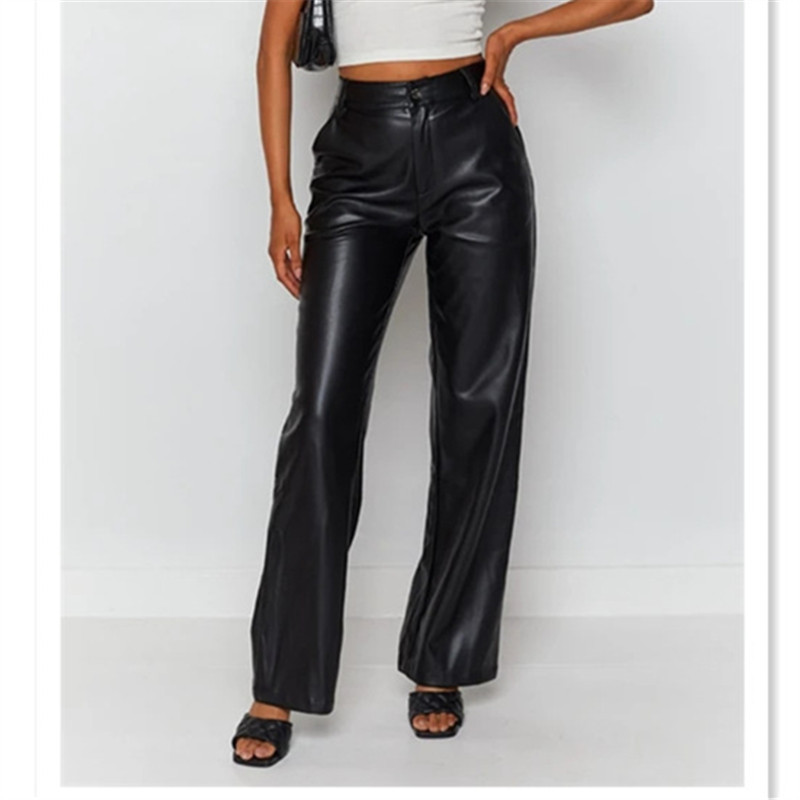 Women High Waist Faux Leather Wide Leg Trousers