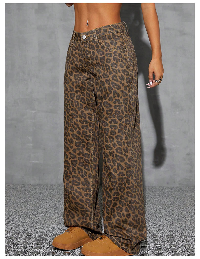 Low Waist Leopard Print Straight Wide Leg Denim Jeans